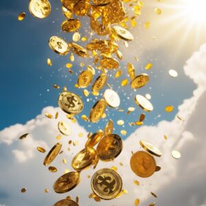 Pieniądze. Deszcz złotych monet z nieba